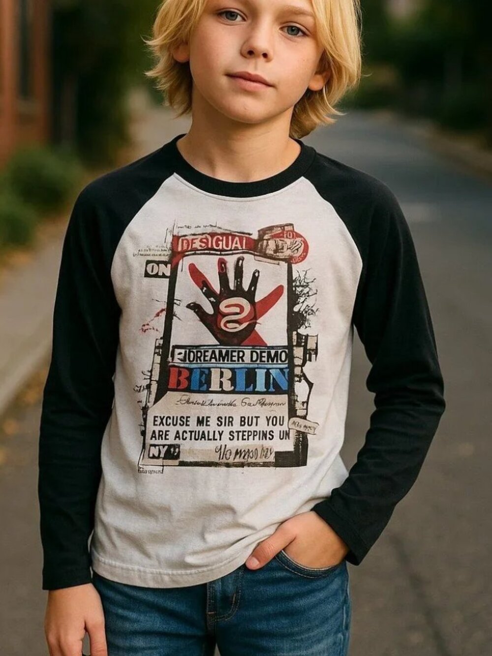 DESIGUAL Raglan Long Sleeve Tee Boys 6 7 Shirt Artsy Euro BERLIN Graffiti Grunge